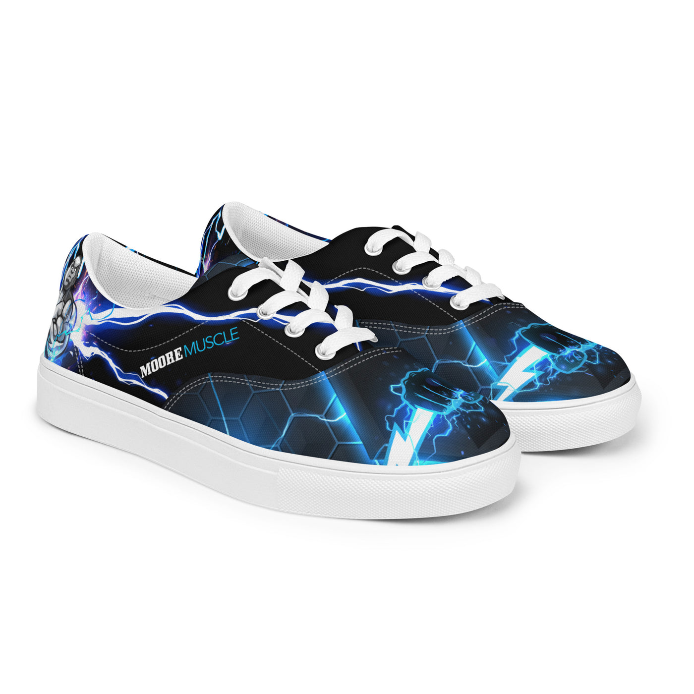 Angled side view of MooreMuscle blue lightning low top sneakers with white sole and electric graphic design