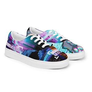 Three-quarter view of MooreMuscle glitch low top sneakers emphasizing shape and streetwear style
