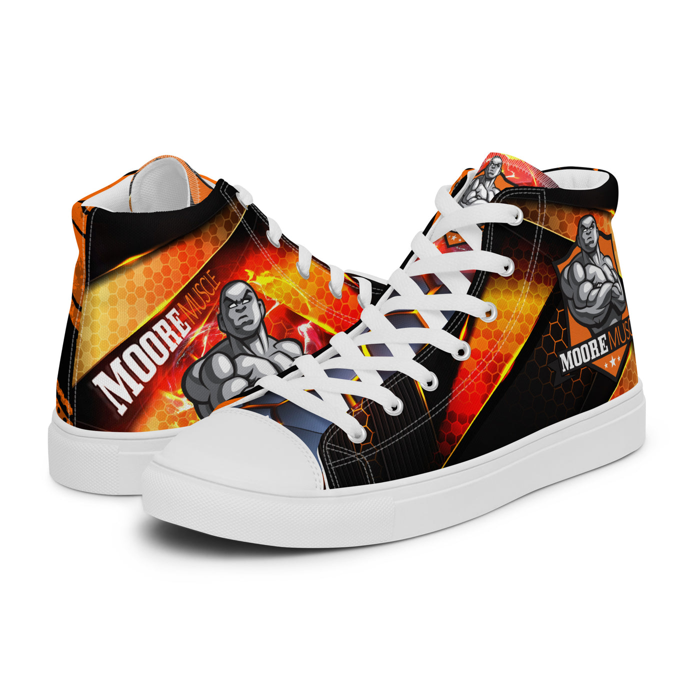 MooreMuscle orange and black high top lifting shoes with flat sole and white laces