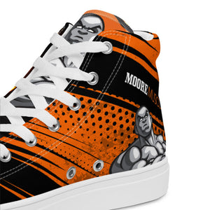 MooreMuscle orange and black high top shoes side view with custom MooreMuscle graphic
