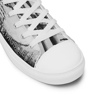 Close-up of MooreMuscle skull design high top shoes showing toe cap and laces