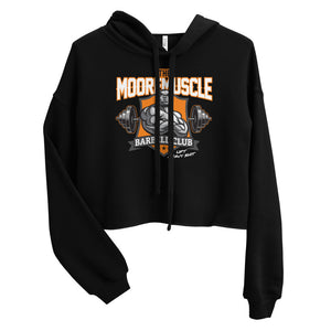 MooreMuscle MMBC cropped hoodie black front view with barbell club graphic