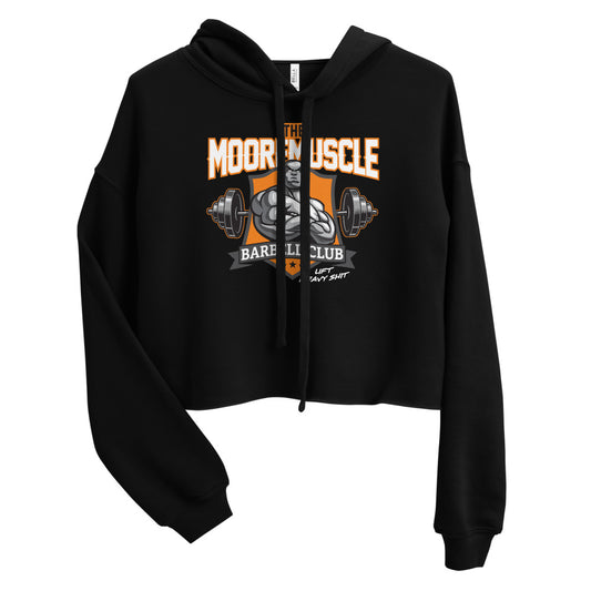 MooreMuscle MMBC cropped hoodie black front view with barbell club graphic