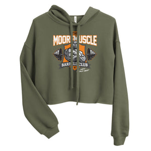MooreMuscle MMBC cropped hoodie olive green front view with barbell club graphic