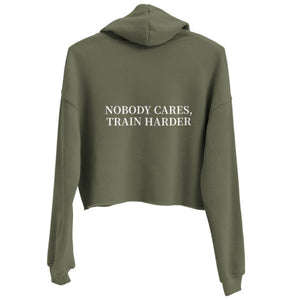 MooreMuscle MMBC cropped hoodie olive green back view with “Nobody Cares Train Harder” text