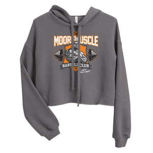 MooreMuscle MMBC cropped hoodie grey front view with barbell club graphic