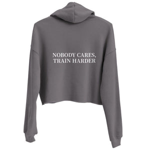 MooreMuscle MMBC cropped hoodie grey back view with “Nobody Cares Train Harder” text